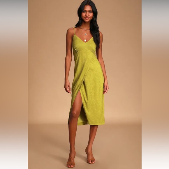 Lulus View and I Chartreuse Tie-Back Faux-Wrap Midi Dress - Picture 3 of 14